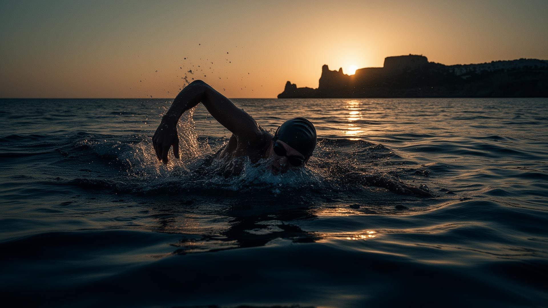 Open water swimmer at dawn off the Ibiza coast